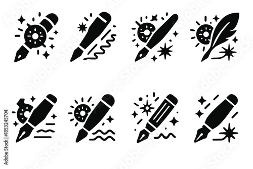 Quasar-Powered Writing Tools. Solid style icons of a quasar-powered scribe’s tremor: energy-core pen, quasar beam writer, plasma