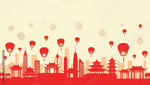Vibrant Cityscape with Lanterns and Architecture at Sunset View
