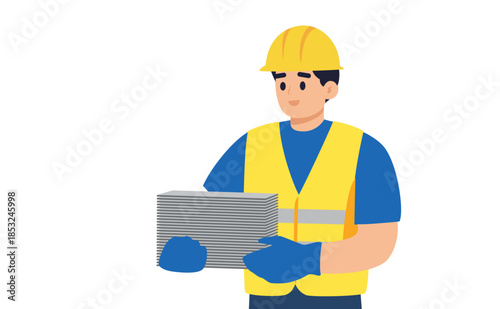Smiling builder with tiles – construction material illustration