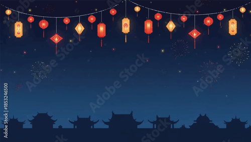 Celebratory lanterns illuminated against a dark blue sky with silhouetted buildings below at dusk from a low viewpoint