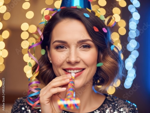 Woman celebrating with party blower and confetti, wearing a party hat and sequin dress