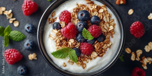 A vibrant breakfast bowl featuring a creamy base topped with crunchy cereals, fresh berries, and a sprinkle of mint leaves on a dark wooden surface.