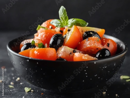 A vibrant salad with cherry tomatoes and olives on a dark surface.