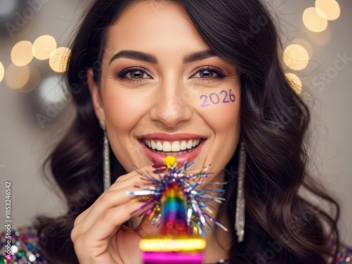 Smiling woman with glittery 2026 on her face and party blower celebrating New Year's Eve