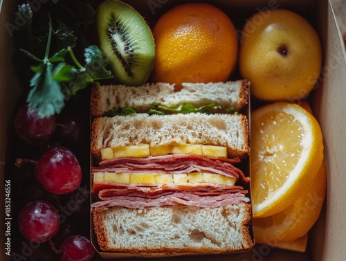 A boxed lunch with ham sandwiches and a variety of fresh fruits.