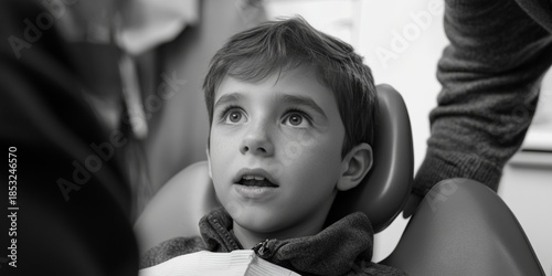 Child receiving dental care. Emotional moment of dental visit.