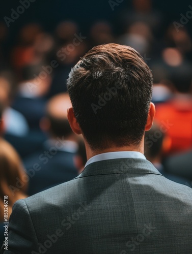 A man in a suit standing and attentively listening to someone speaking on stage.