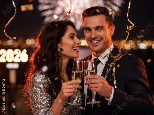Couple celebrating New Year's Eve 2026 with champagne and fireworks in the background