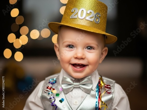 Adorable baby boy celebrates the upcoming new year 2026 with a festive hat and outfit