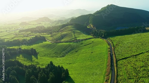 Aerial View of Volcanic Landscape and Country Road in Sao Miguel