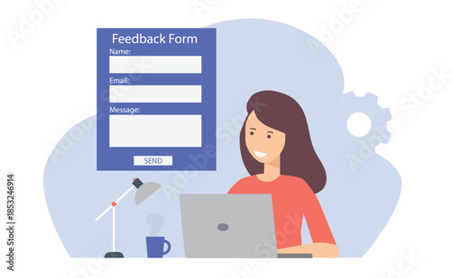 Feedback page concept. Woman giving review and filling webpage form with client experience