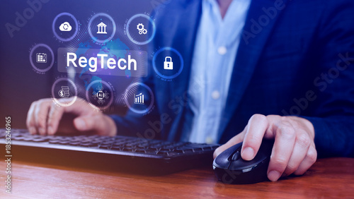 Regtech, Regulatory technology concept, management of regulatory processes with financial industry through technology, Regulatory monitoring, reporting and compliance, Machine learning tech.