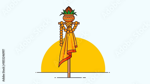 Vibrant illustration of a decorated pole with a yellow cloth and beads against a sunset background gudi