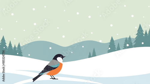 A bird standing on snowy hills with trees in the background during snowfall