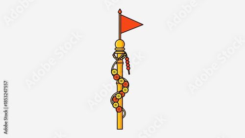 An illustrated pole with a red flag and decorative elements is shown standing upright.