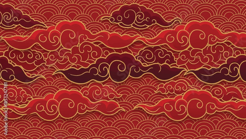 Intricate red clouds with golden swirls pattern, vector art, abstract background, decorative design