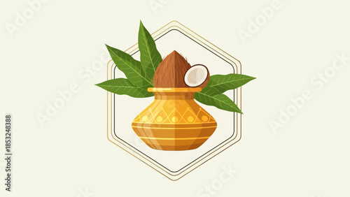 An illustration of a gudi decorated with coconut and leaves on a cream background