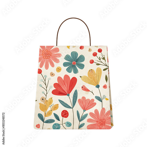 Gift bag with flower print. Isolated white background. Png format