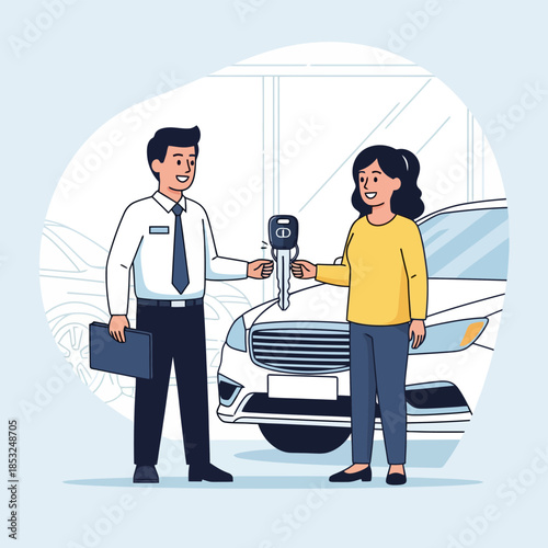 Car Salesman Giving Keys to Customer in Showroom Vector Illustration