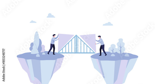Teamwork builds a bridge connecting cliffs, overcoming the gap