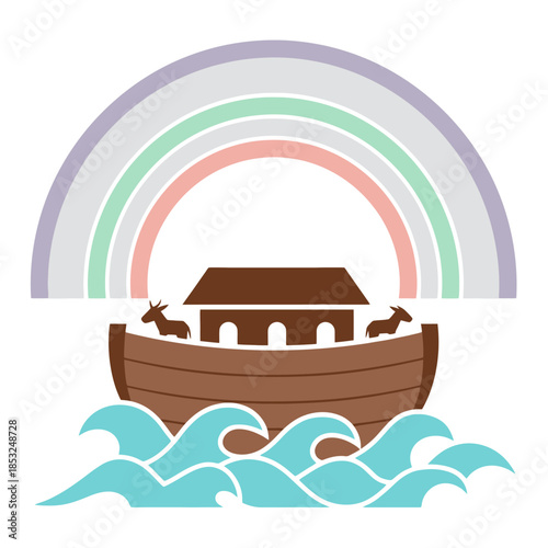 Noah's Ark sailing with animals under a pastel rainbow vector icon