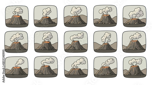 Illustrated volcano eruptions sequence with smoke cartoon style vector