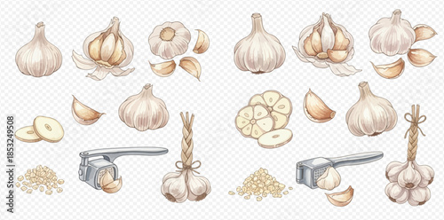 Set of fresh garlic bulbs, cloves, slices, and a garlic press on a transparent background.