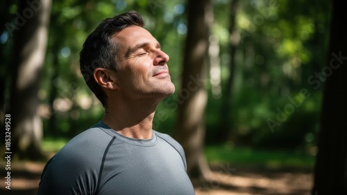 Man enjoying fresh air and sunlight in nature, with eyes closed and happy expression. Relaxation and wellness concept for outdoor activities.