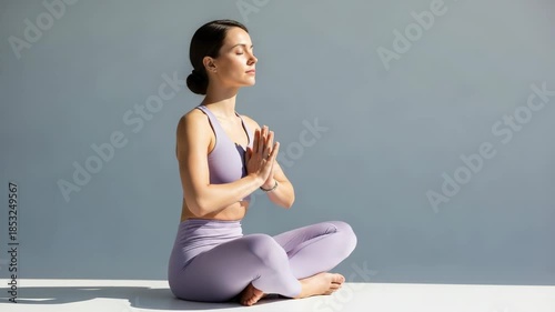 Serene woman in yoga pose with hands together in prayer