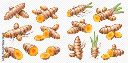 Set of fresh turmeric roots and slices, whole and cut rhizomes with leaves and roots.