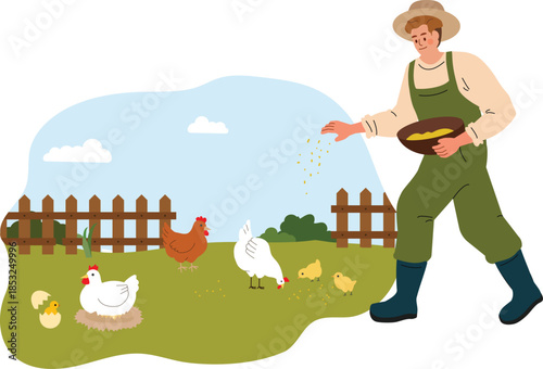 Farmer Feeding Chickens on a Sunny Day
