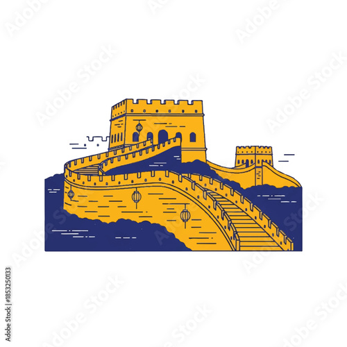 Iconic Great Wall of China, a historic architectural marvel and symbol of ancient Chinese heritage, depicted in a minimalist vector art style