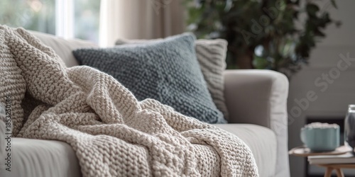 Cozy atmosphere in a modern living room featuring a comfortable couch adorned with warm blankets and decorative pillows.