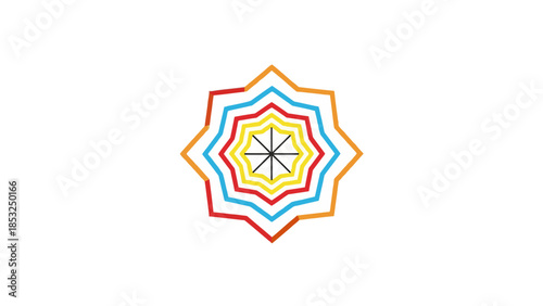 A colorful star-shaped graphic design with layered lines and shapes on a white background gudi (43)