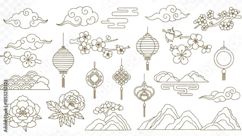 Traditional Chinese Symbols Clouds, Lanterns, Mountains, and Flowers Collection
