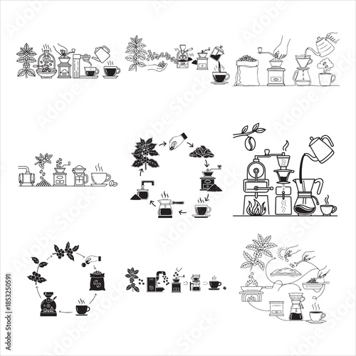 Coffee Outline Journey From Bean To Cup Black Vector