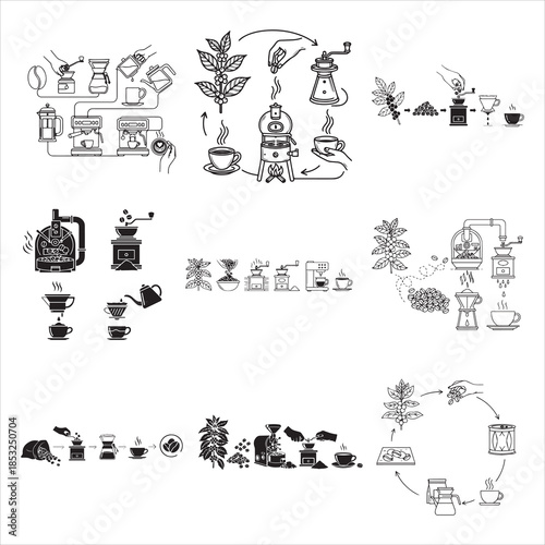 Coffee Bean Processing Journey Black Vector Illustration