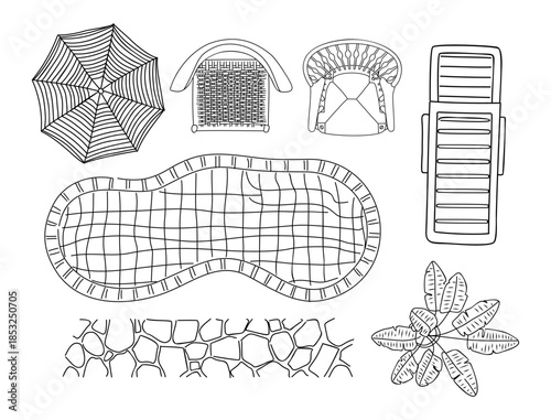 Minimalist black and white top view line art vector set of pool patio elements including umbrella loungers chairs plants and stone textures.