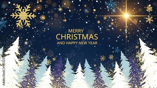 Merry Christmas and New Year greeting card illustration featuring a blue winter night landscape with a vector tree, cold snow, and a festive holiday scene decorated with stars and snowflakes