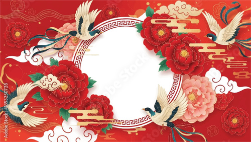 Vibrant Chinese New Year Greeting Card with Peonies and Swallows, symbolizing prosperity and good fortune