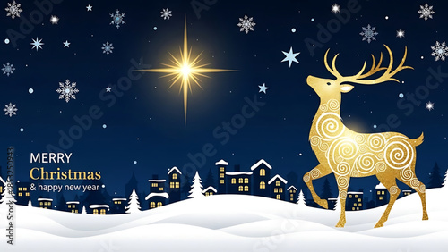Vector illustration of a snowy winter landscape at night with a deer and reindeer for a Christmas holiday card design featuring snowflakes and a New Year house