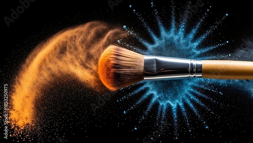Makeup Brush with Orange and Blue Powder Explosion