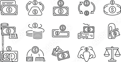 Money and Finance Line Icon Set with Cash Payments Banking Savings and Business Symbols Black Vector