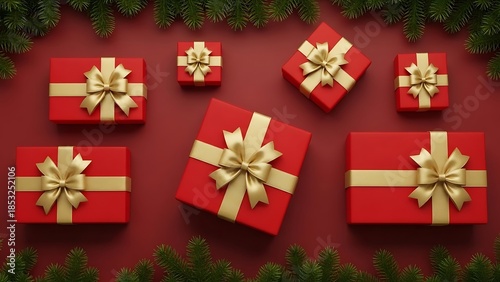 Red Gift Boxes with Golden Ribbons Christmas Decoration