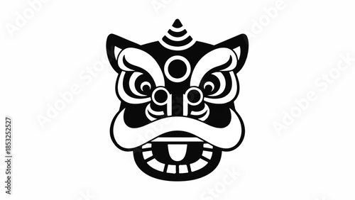 A stylized black and white graphic of a lion face with elaborate designs in a vector illustration format eps