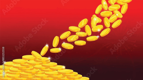 Aerial view of a cascade of golden grains pouring down on a red gradient background