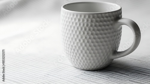 Textured White Mug on Striped Tablecloth Closeup Shot