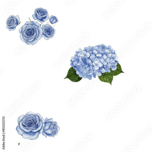 Detailed flat lay watercolor botanical constructor set: isolated blue florals (roses, hydrangeas) and green eucalyptus leaves on a white background. concept for wedding stationery design