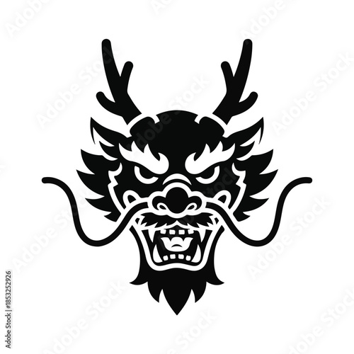 Vector illustration of a mythical dragon head with antlers and sharp teeth, symbolizing power and strength in a graphic design