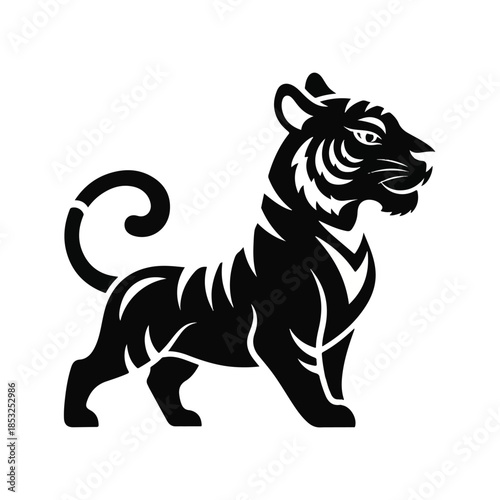 A majestic tiger standing proudly in a serene landscape, viewed from the side with elegance and poise